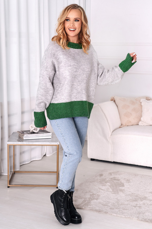 Krótki sweter z kontrastową oblamówką Zielony 1