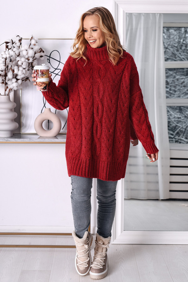 Długi pleciony sweter z golfem Aura Czerwony 1