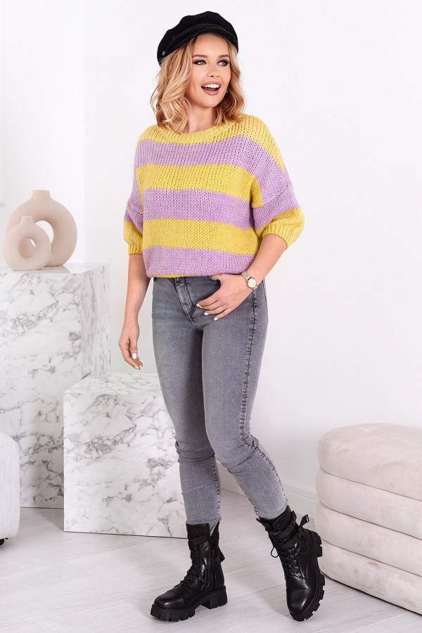 Krótki sweter w paski Gabi cytrynowo-liliowy 1