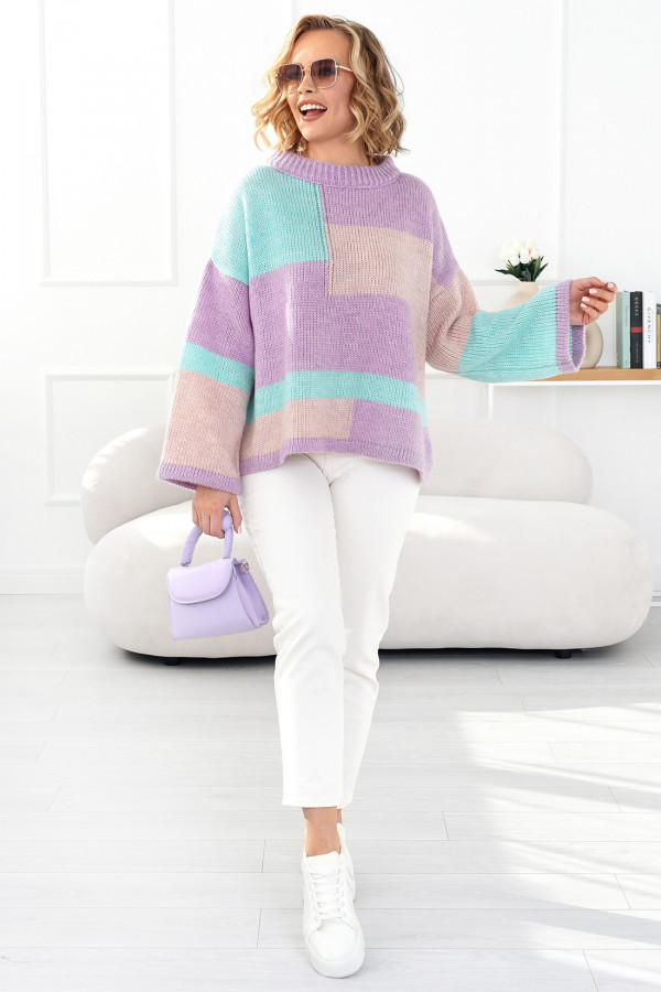 Kolorowy sweter Emilia liliowo-turkusowy