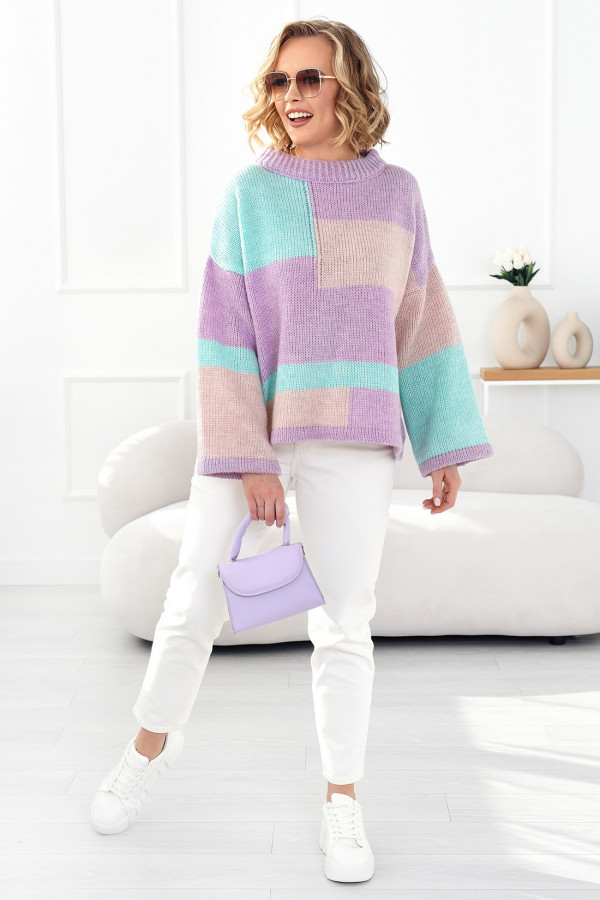 Kolorowy sweter Emilia liliowo-turkusowy 1