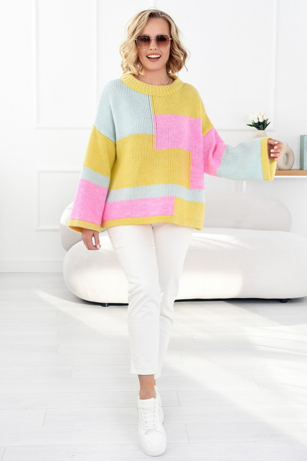 Kolorowy sweter Emilia cytrynowo-różowy 1