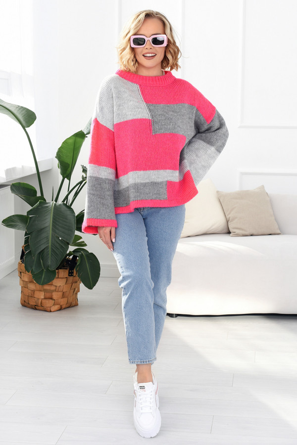Kolorowy sweter Emilia fuksjowo-szary