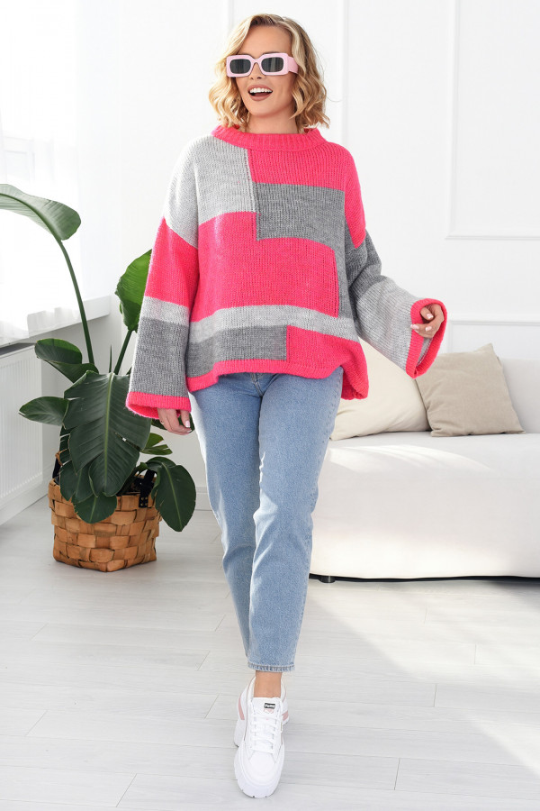 Kolorowy sweter Emilia fuksjowo-szary 1