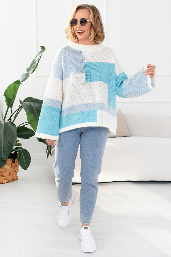Kolorowy sweter Emilia ecru-błękit