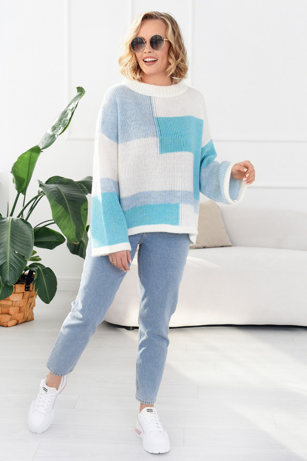 Kolorowy sweter Emilia ecru-błękit 1