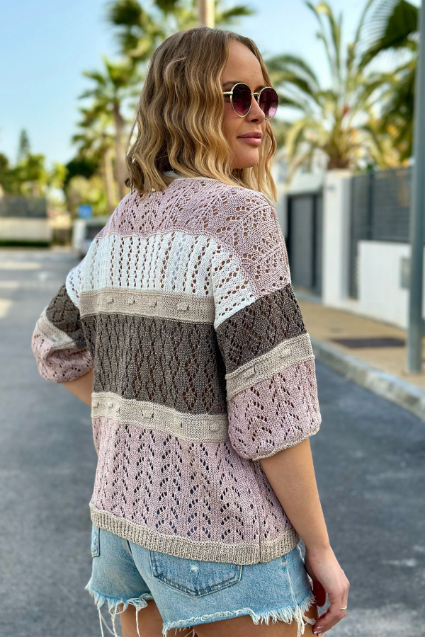 Lekki ażurowy sweter Enjoy różowo-ecru 4