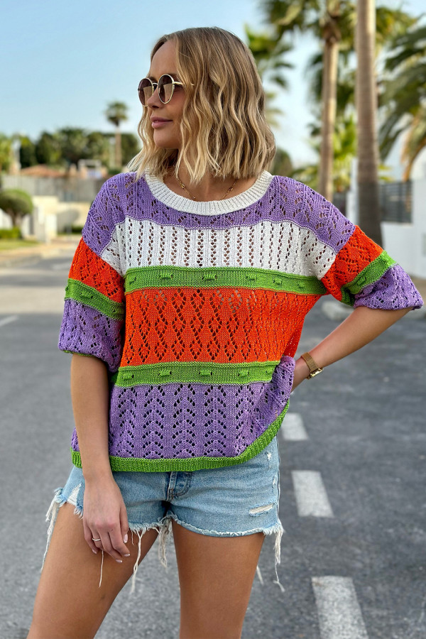 Lekki ażurowy sweter Enjoy liliowo-ecru