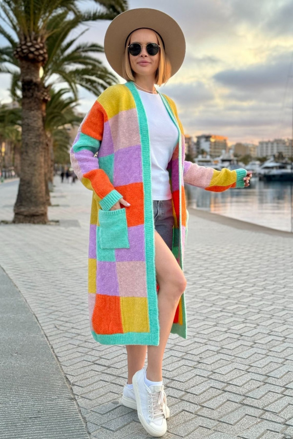Długi kolorowy kardigan z kieszeniami Valeria Seledyn-cytyna