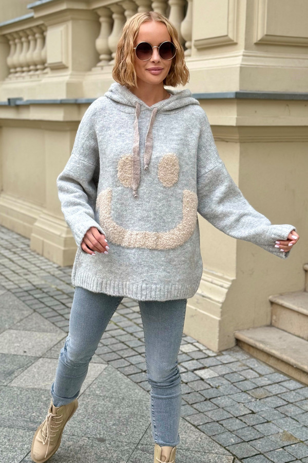 Sweter oversize kapturem Smiley Szary 3