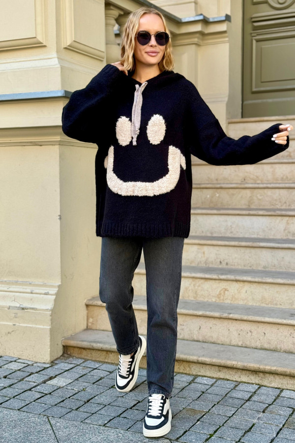 Sweter oversize kapturem Smiley Czarny 1