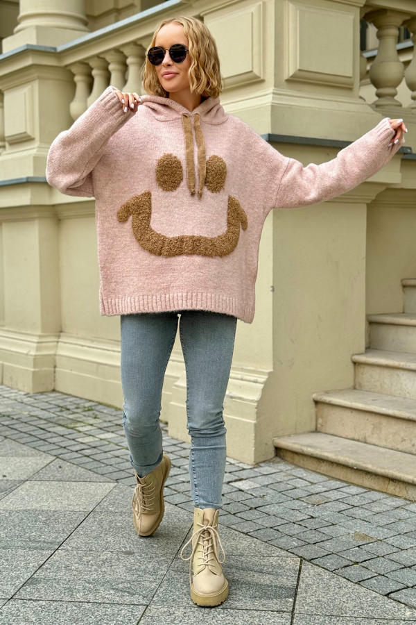 Sweter oversize kapturem Smiley Puder Róż