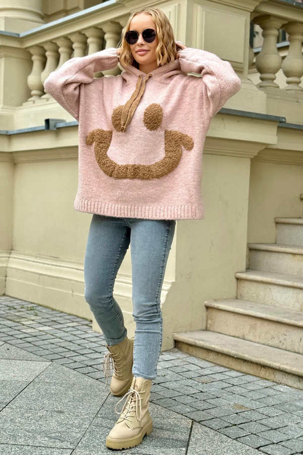 Sweter oversize kapturem Smiley Puder Róż 1