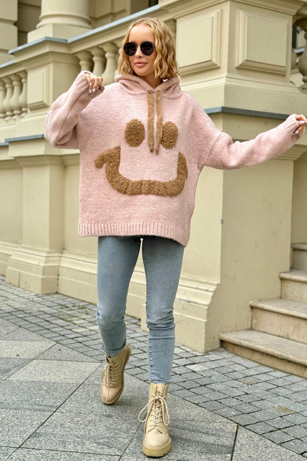 Sweter oversize kapturem Smiley Puder Róż 2