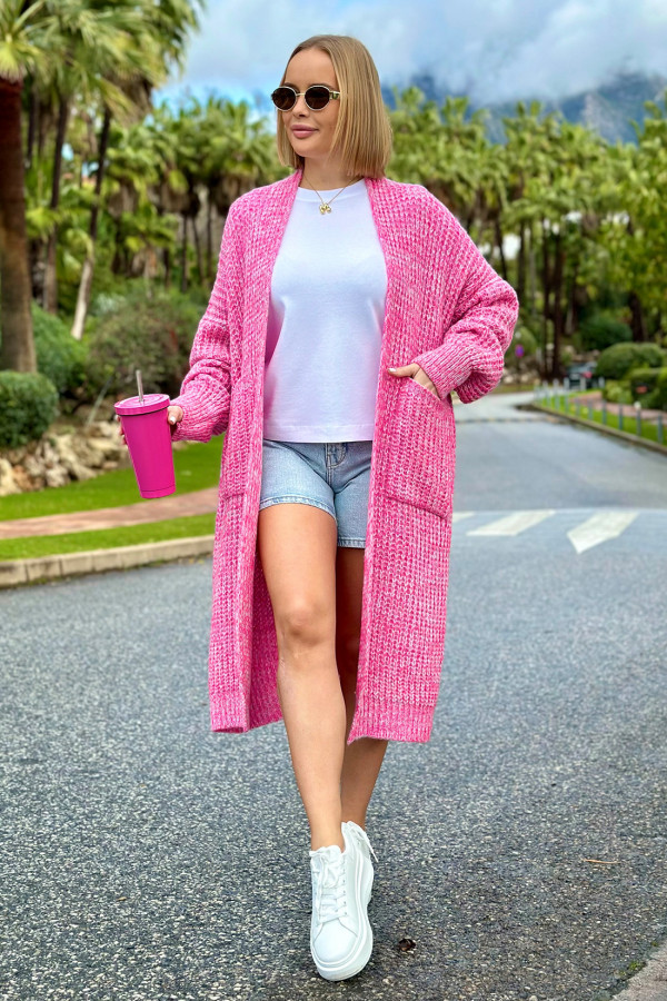 Długi kardigan oversize z kieszeniami Multicolor Fuksja-ecru 1