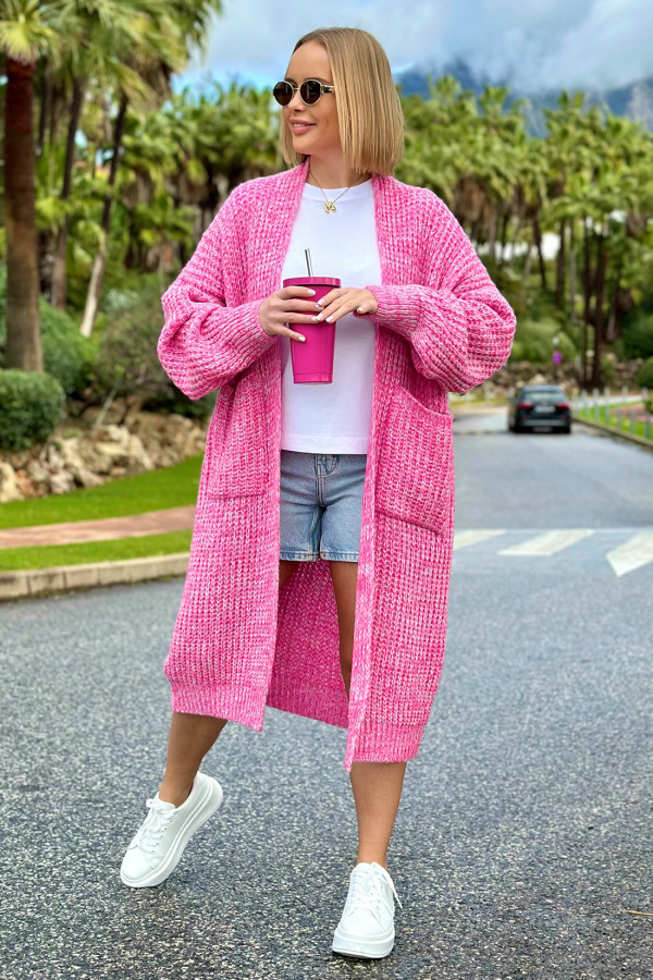 Długi kardigan oversize z kieszeniami Multicolor Fuksja-ecru 2
