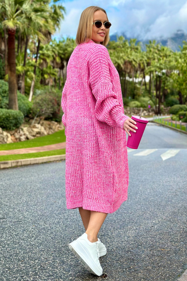 Długi kardigan oversize z kieszeniami Multicolor Fuksja-ecru 3