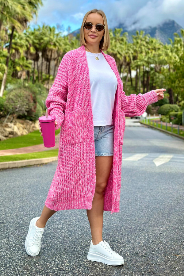 Długi kardigan oversize z kieszeniami Multicolor Fuksja-ecru 5
