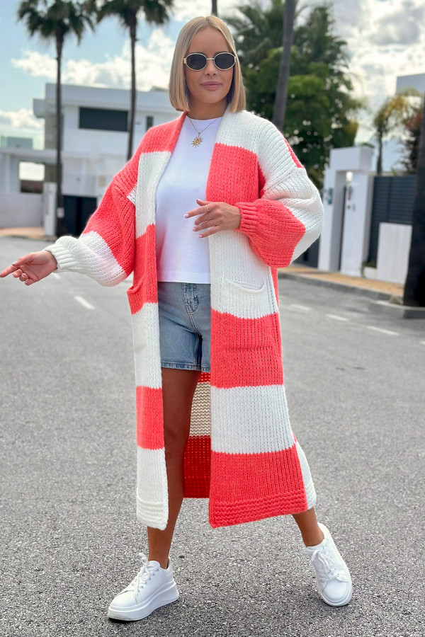 Długi kardigan oversize Agnes Ecru-koral