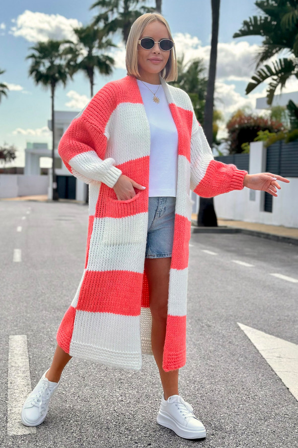 Długi kardigan oversize Agnes Ecru-koral 3