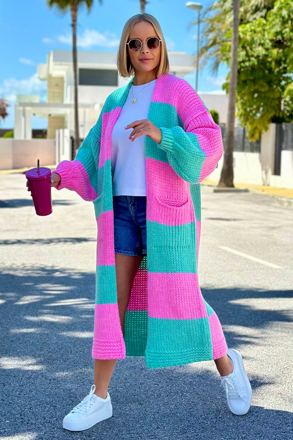 Długi kardigan oversize Agnes Baby róż-seledyn 3
