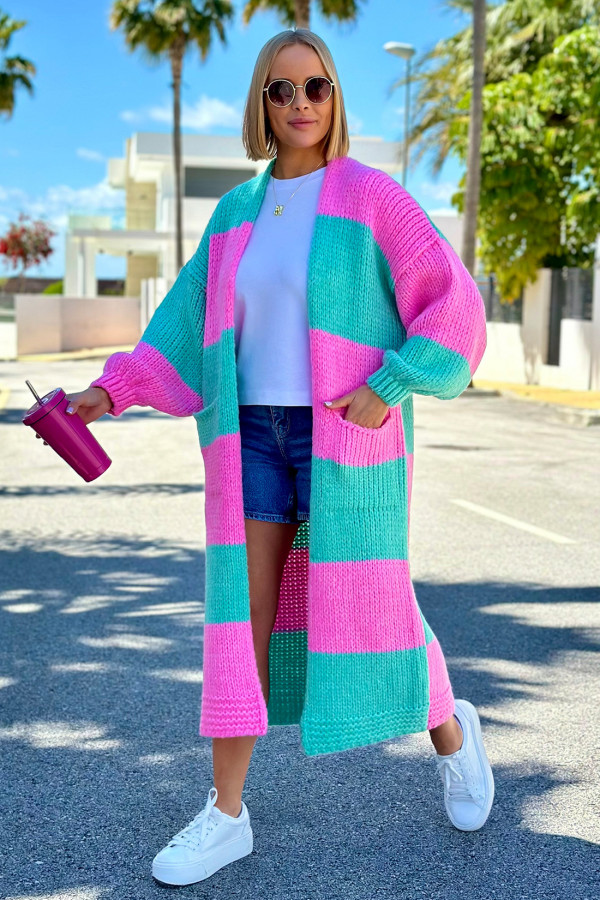 Długi kardigan oversize Agnes Baby róż-seledyn 4