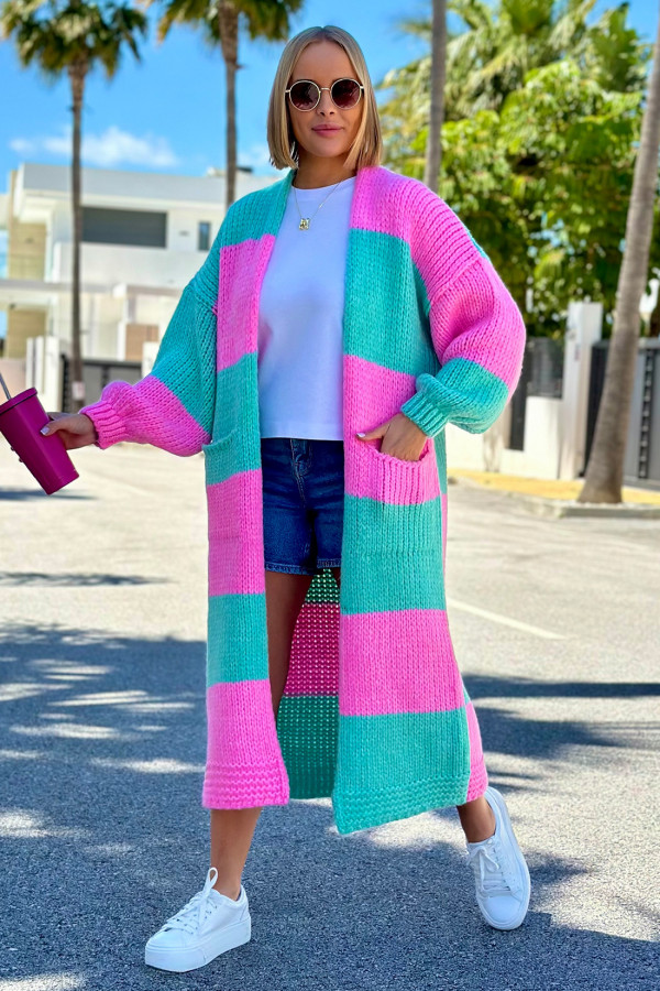 Długi kardigan oversize Agnes Baby róż-seledyn 5