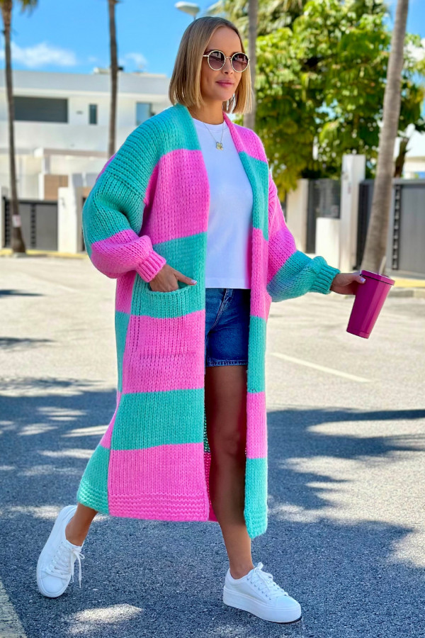 Długi kardigan oversize Agnes Baby róż-seledyn 2
