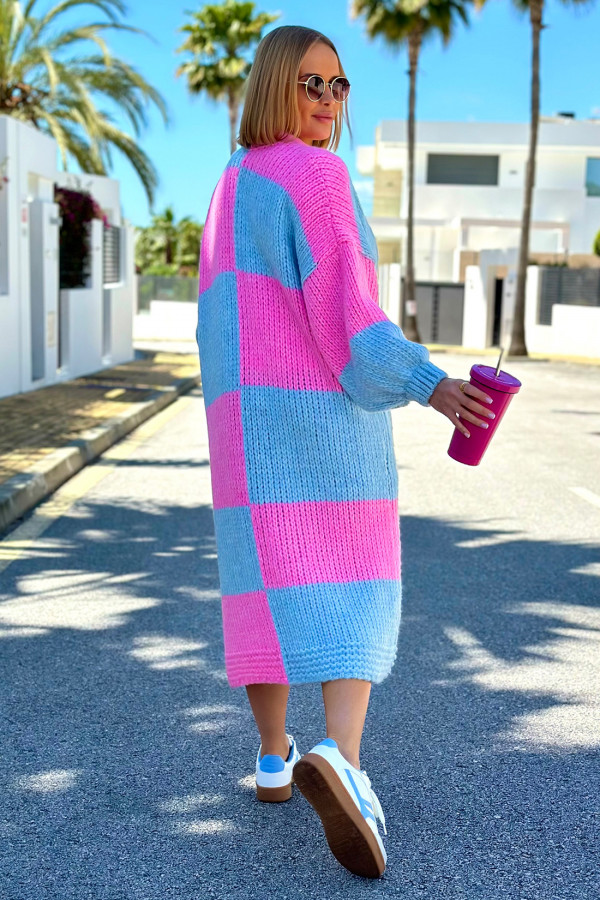 Długi kardigan oversize Agnes Błękit-baby róż 1