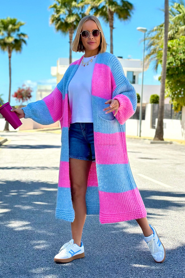 Długi kardigan oversize Agnes Błękit-baby róż 3