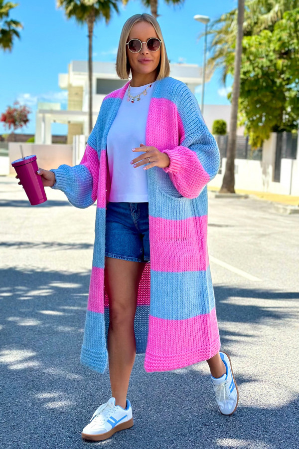 Długi kardigan oversize Agnes Błękit-baby róż 5