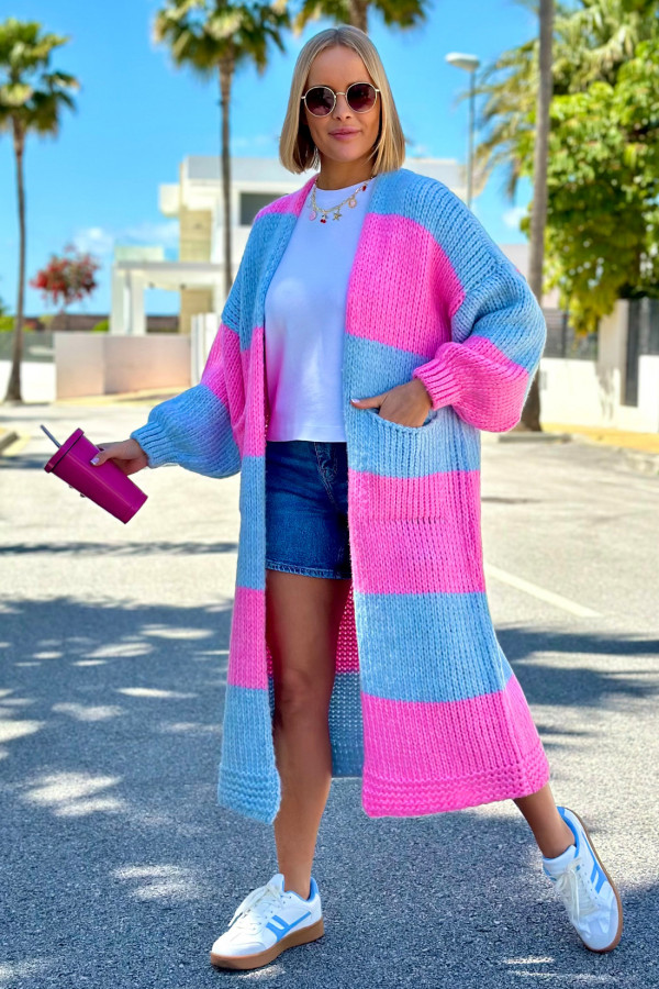 Długi kardigan oversize Agnes Błękit-baby róż 6