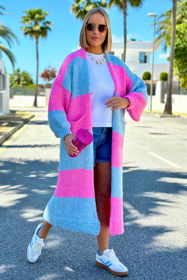 Długi kardigan oversize Agnes Błękit-baby róż 4