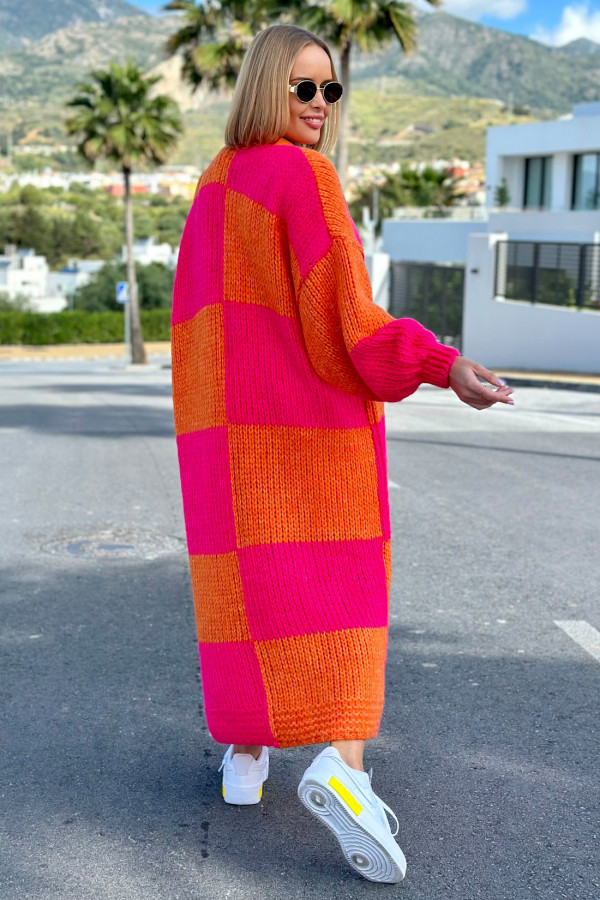 Długi kardigan oversize Agnes Fuksja-pomarańcz 1