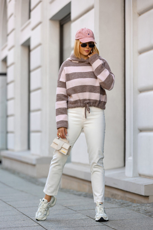 Krótki sweter oversize w paski z kapturem Harper Kakao-puder róż 2